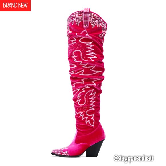 Shoes - Thigh High Wide Calf Boots with Rhinestone Embroidery & Memory Foam